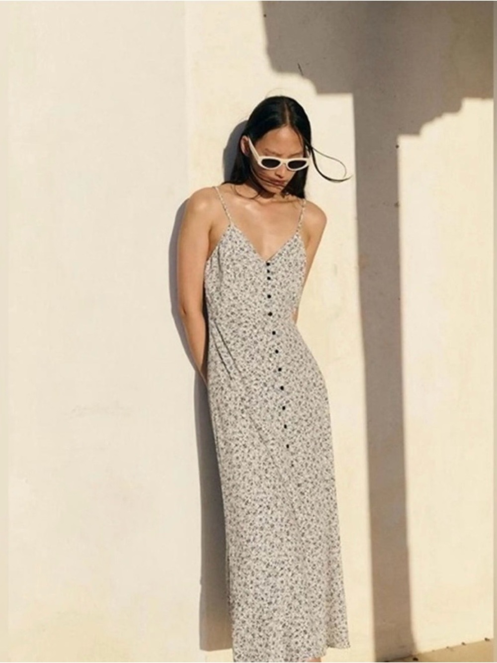 Zara Cream and Gray Floral Button-Front Maxi Dress